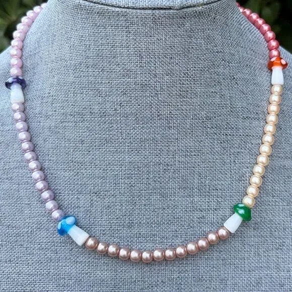 Two (2) Urban Outfitters OU Layering Blue Mushroom Sundial Beaded Necklaces NWT - Picture 4 of 10